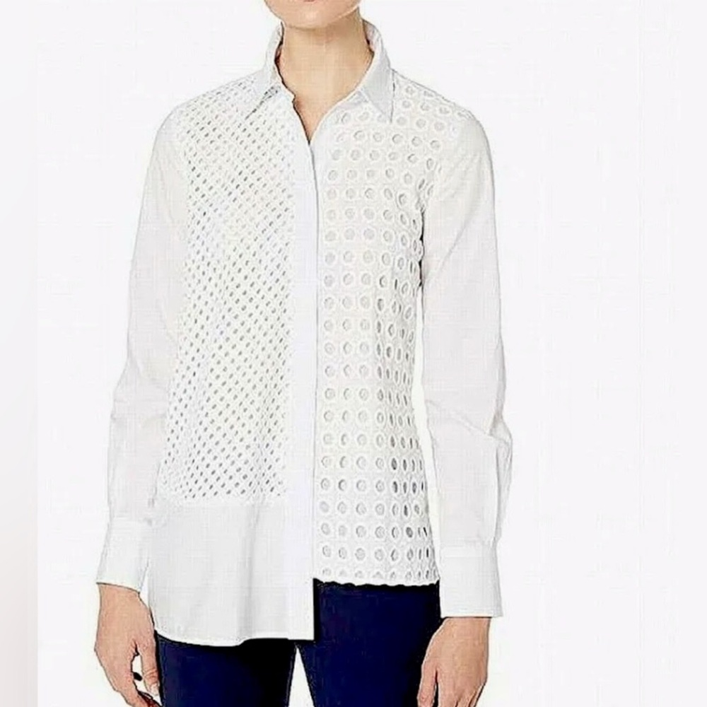 Elliott Lauren Asymmetrical White Eyelet Cotton Button Down Shirt Blouse Top 8